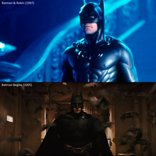 Images of Batman from Batman & Robin (1997) and Batman Begins (2005)