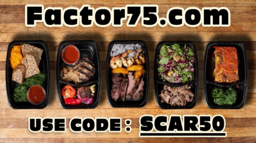 A picture of 5 meals offered by Factor. There is the website link shown at the top of the picture, and a discount code on the bottom of the picture. This is a screencap from the video advertisement.